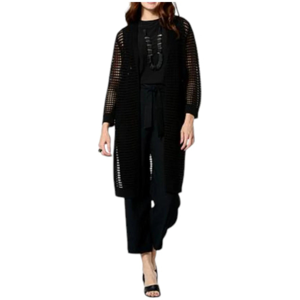 WynneLayers Open Weave Duster with Ribbed Trim Black - Regular